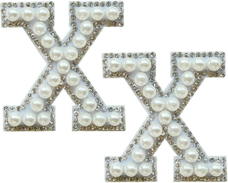 SOYCEV 2PCS White Pearl Iron on Rhinestone Sequin Sparkly Letter Patches for Backpacks Clothing - Image 1